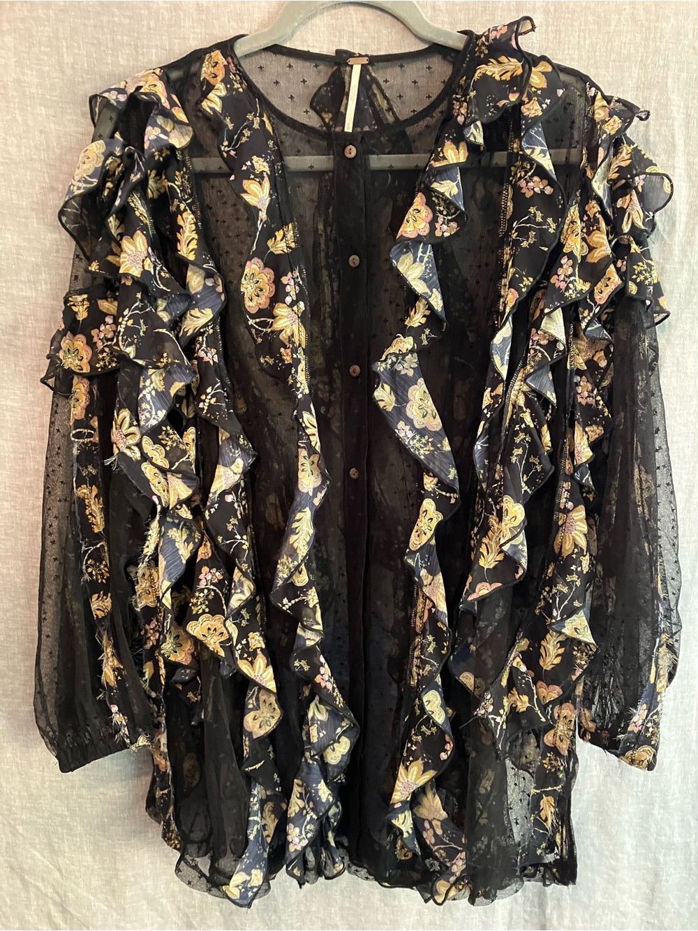 Free People Sheer Tulle Button-down with floral ruffle details